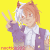 a pixel drawing of a bust shot of mayo coulombs on a bright yellow background. they are smiling and doing a peace sign with their right hand